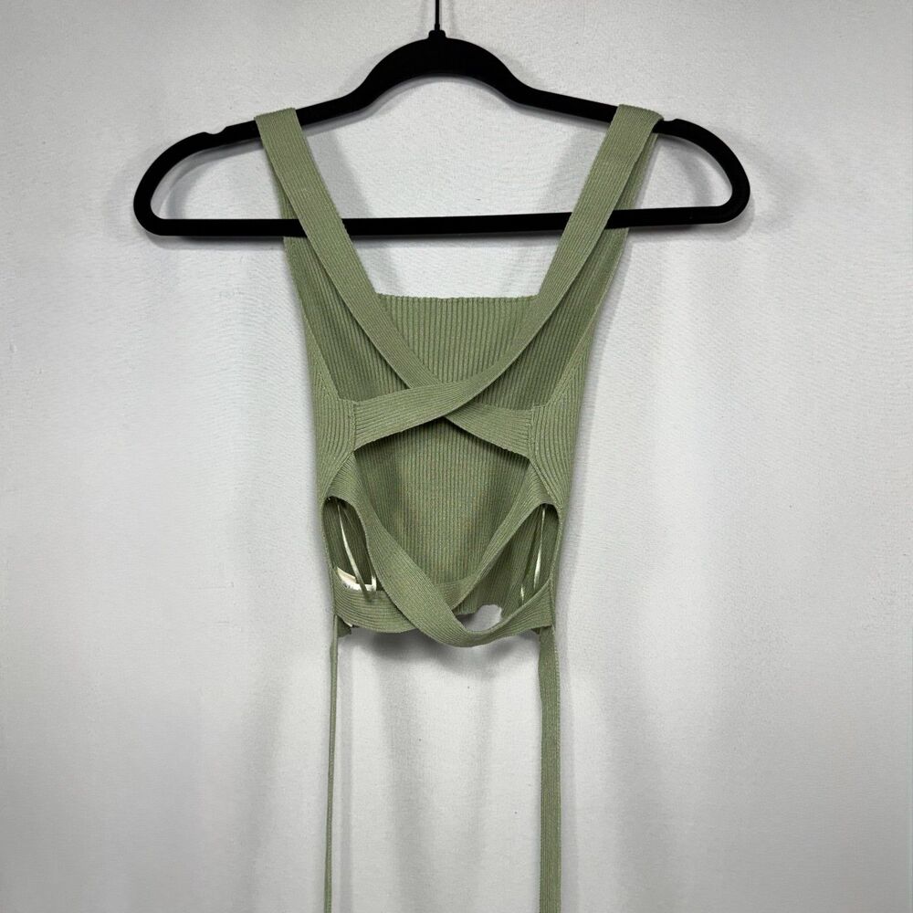 Cropped Sage Green Ribbed Crisscross Cutout Wrap Top Dreamers by Debut Size XS - Picture 5 of 8